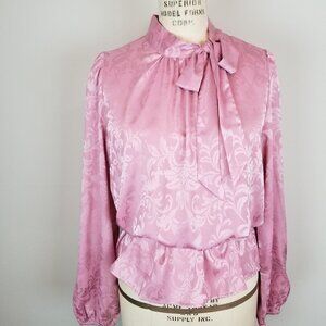 Pink Floral Jacquard Long Sleeve Kitty Bow Blouse by Ann Taylor * Medium